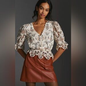 Anthropologie Ivory Embroidered Eyelet Blouse